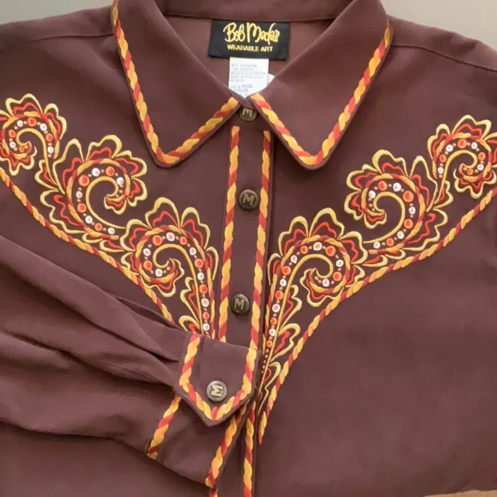 NWT Bob Mackie Wearable Art Embroidered Brown Long Sleeve Shirt Women Size L - Picture 7 of 10